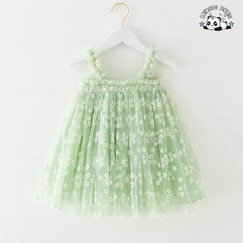 LEZONKIDS - Wholesale High Quality latest beautiful white flower printed with straps princess dress for girl